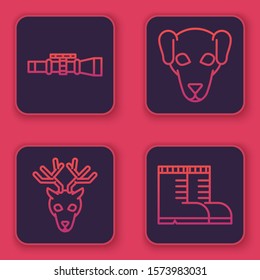 Set line Sniper optical sight, Deer head with antlers, Hunting dog and Hunter boots. Blue square button. Vector