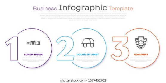 Set line Sniper optical sight, Hunter hat and Moose head on shield. Business infographic template. Vector
