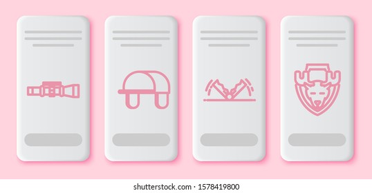 Set line Sniper optical sight, Hunter hat, Trap hunting and Moose head on shield. White rectangle button. Vector