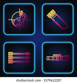 Set line Sniper optical sight, Hipster arrows, Hunt on rabbit with crosshairs and Quiver with arrows. Gradient color icons. Vector
