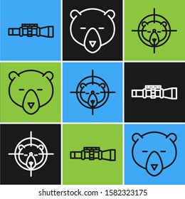 Set line Sniper optical sight, Hunt on bear with crosshairs and Bear head icon. Vector