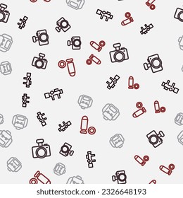 Set line Sniper optical sight, Photo camera, Hiking backpack and Bullet on seamless pattern. Vector
