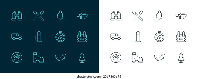 Set-Linie Sniper optische Sicht, Jägerstiefel, Kompass, Jagdhorn, Thermoskanne, Baum, Binokulare und Brennende Match mit Feuer-Symbol. Vektorgrafik