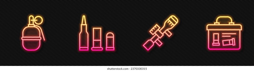 Set line Sniper optical sight, Hand grenade, Bullet and Military ammunition box. Glowing neon icon. Vector
