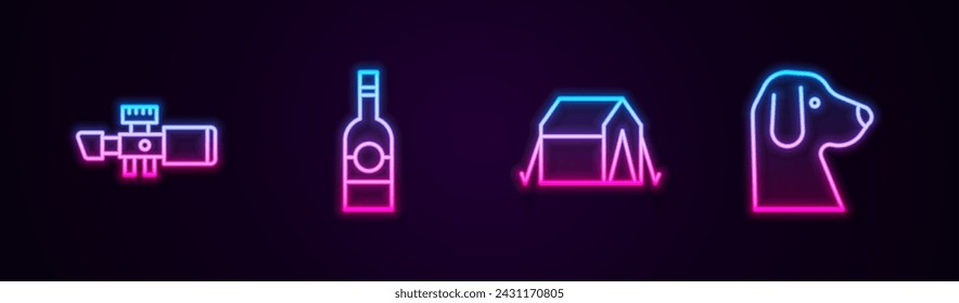 Set line Vista óptica de francotirador, botella de vodka, tienda de turismo y perro. Icono de neón brillante. Vector