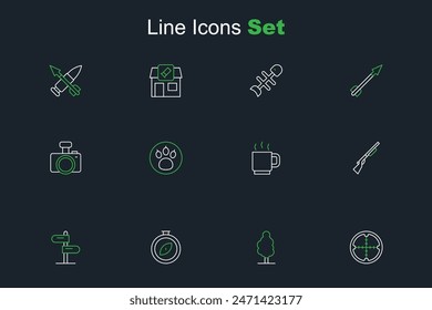 Set line Sniper optical sight, Tree, Compass, Road traffic sign, Hunting gun, Coffee cup, Paw search and Photo camera icon. Vector