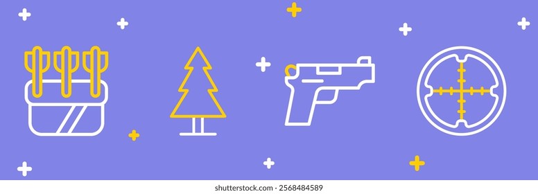 Set line Sniper optical sight, Pistol or gun, Tree and Quiver with arrows icon. Vector