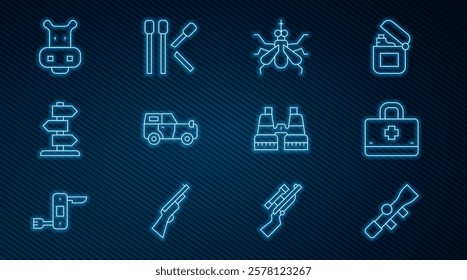 Set line Sniper optical sight, First aid kit, Mosquito, Off road car, Road traffic sign, Hippo or Hippopotamus, Binoculars and Matches icon. Vector
