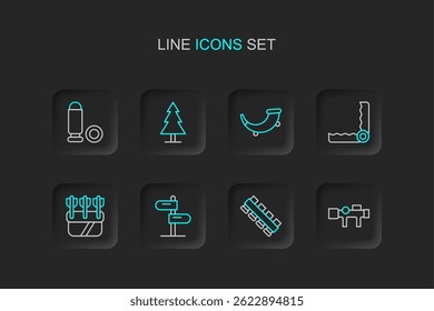 Linha Set Sniper mira óptica, Cinto de cartucho de caça, Sinal de tráfego rodoviário, Quiver com setas, Caça de armadilhas, chifre, Árvore e Bullet ícone. Vetor