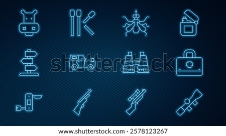 Set line Sniper optical sight, First aid kit, Mosquito, Off road car, Road traffic sign, Hippo or Hippopotamus, Binoculars and Matches icon. Vector