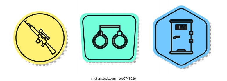 Fijar la línea Sniper rifle con alcance, esposas y puerta de celda de la prisión. Formas coloreadas. Vector