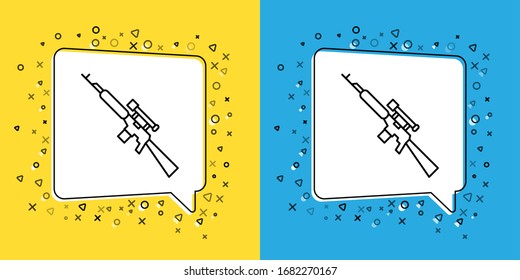 Fije el rifle Sniper de línea con el icono de ámbito aislado en fondo amarillo y azul. Ilustración vectorial