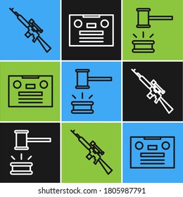 Fijar el rifle Sniper de línea con el alcance, el martillo del Juez y el icono de cinta de audio Retro. Vector