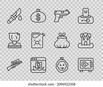 Set line Sniper rifle with scope, Safe, Pistol or gun, Internet piracy, Bloody knife, Canister fuel, Murder and Arson home icon. Vector
