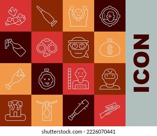 Fijar la línea Sniper rifle con alcance, máscara de ladrón, bolsa de dinero, manos a la vista, esposas, cóctel molotov, coche quemador e icono de Bandit. Vector