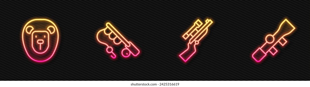 Set line Fusil de francotirador con alcance, León salvaje, Caña de pescar y vista óptica. Icono de neón brillante. Vector