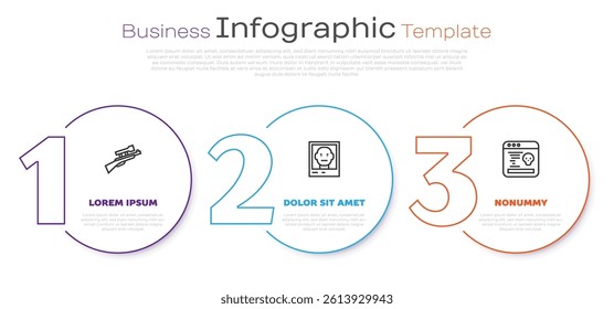 Set line Sniper rifle with scope, Wanted poster and System bug. Business infographic template. Vector