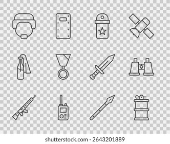 Set Linie Scharfschützengewehr mit Scope, Handrauchgranate, Chevron, Walkie Talkie, Militärhelm, Belohnungsmedaille, mittelalterlicher Speer und Fernglas-Ikone. Vektorgrafik