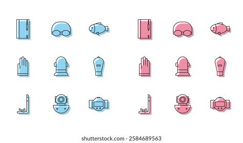 Set line Snorkel, Aqualung, Underwater note book and pencil, Diving watch, Buoy, Lift bag, Gloves and Glasses cap for swimming icon. Vector