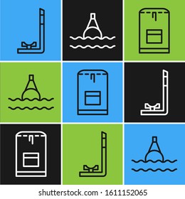 Set line Snorkel, Backpack and Floating buoy on the sea icon. Vector