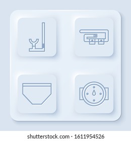 Set line Snorkel, Diving belt, Swimming trunks and Wind rose. White square button. Vector