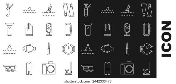 Set line Schnorchel, Taucheruhr, Karabiner, Schwimmboje auf dem Meer, Handschuhe, Taschenlampe, Schweizer Armeemesser und Gauge-Skala-Symbol. Vektor