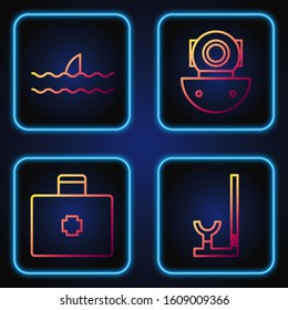 Set line Snorkel, First aid kit, Shark fin in ocean wave and Aqualung. Gradient color icons. Vector