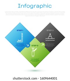 Set line Snorkel, Floating buoy on the sea and Swiss army knife. Business infographic template. Vector