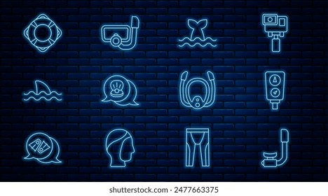 Set line Snorkel, Gauge scale, Whale tail, Scallop sea shell, Shark, Lifebuoy, Diving mask with snorkel and  icon. Vector