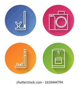 Set line Snorkel, Photo camera for diver, Snorkel and Backpack. Color circle button. Vector