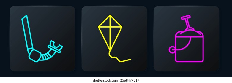 Set line Snorkel, Sand in bucket with shovel and Kite. Black square button. Vector