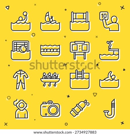Set line Snorkel, Swimmer, diving into pool, Water volleyball net, Swimming, polo,  and Sport mechanical scoreboard icon. Vector