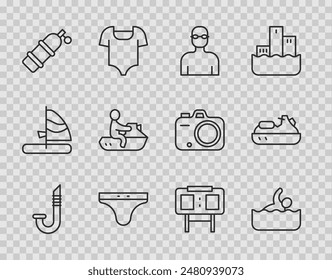 Snorkel, nadador, baúles de natación, Aqualung, Jet ski, marcador mecánico deportivo e icono. Vector