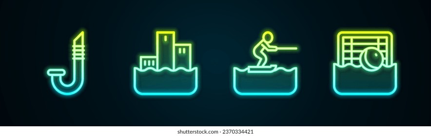 Set line Snorkel, Winner podium, Water skiing man and polo. Glowing neon icon. Vector