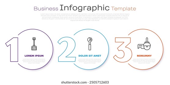 Set line Snow shovel, Adjustable wrench and Angle grinder. Business infographic template. Vector
