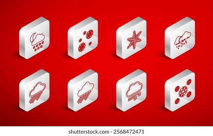 Set line Snow, Snowflake, Cloud with snow, Windy weather, and moon, rain and  icon. Vector