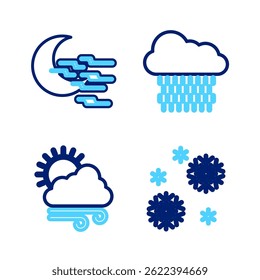 Set line Snow, Windy weather, Cloud with rain and Fog and moon icon. Vector