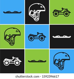 Set line Snowboard, All Terrain Vehicle or ATV motorcycle and Helmet icon. Vector