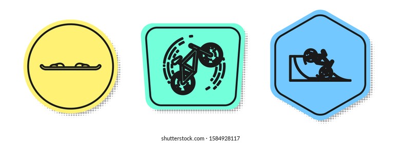 Set line Snowboard, Bicycle trick and Bicycle on street ramp. Colored shapes. Vector