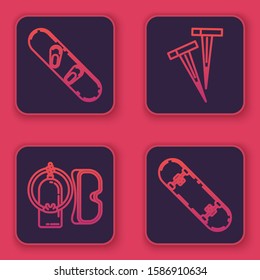 Set line Snowboard, Diving mask and aqualung, Pegs for tents and Skateboard trick. Blue square button. Vector
