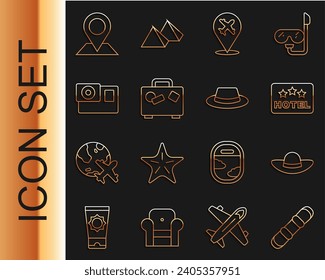 Set line Snowboard, Elegant women hat, Signboard with text Hotel, Plane, Suitcase, Action camera, Location and Man ribbon icon. Vector