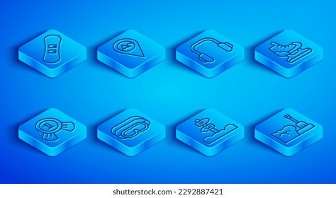 Set line Snowboard, Location with mountain, Winter headphones, Ski goggles, Road traffic signpost, Skates, Medal and Shovel snowdrift icon. Vector