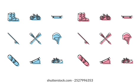 Set line Snowboard, Skateboard on street ramp, Boots, Bicycle, Crossed paddle, helmet, Surfboard and  icon. Vector