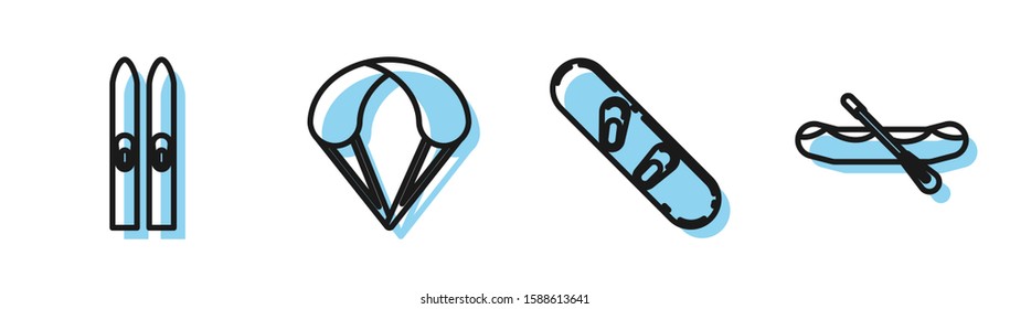 Set line Snowboard, Ski and sticks, Parachute and Rafting boat icon. Vector
