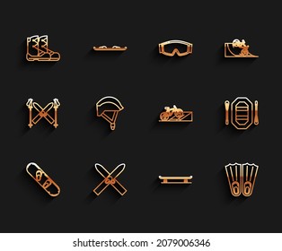 Set line Snowboard, Ski and sticks, Boots, Skateboard, Rubber flippers for swimming, Bicycle helmet, Rafting boat and on street ramp icon. Vector