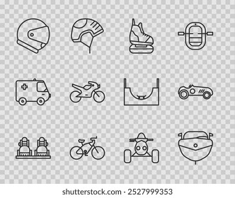 Set line Snowboard, Speedboat, Skates, Bicycle, Helmet, Motorcycle, ATV motorcycle and Vintage sport racing car icon. Vector