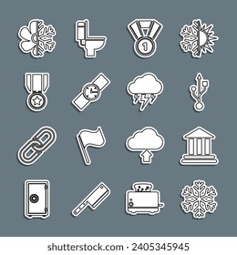 Set line Snowflake, Bank building, USB, Medal, Wrist watch, with star, Air conditioner and Storm icon. Vector