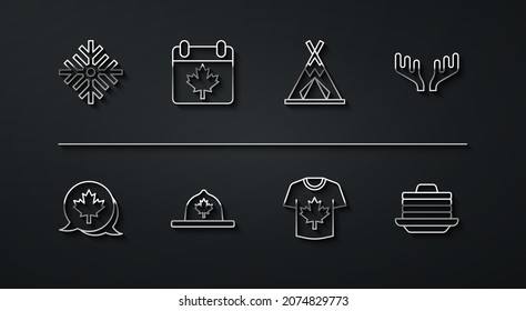 Set line Snowflake, Canadian maple leaf, Deer antlers, Hockey jersey, ranger hat, Canada day with, Stack of pancakes and Indian teepee or wigwam icon. Vector