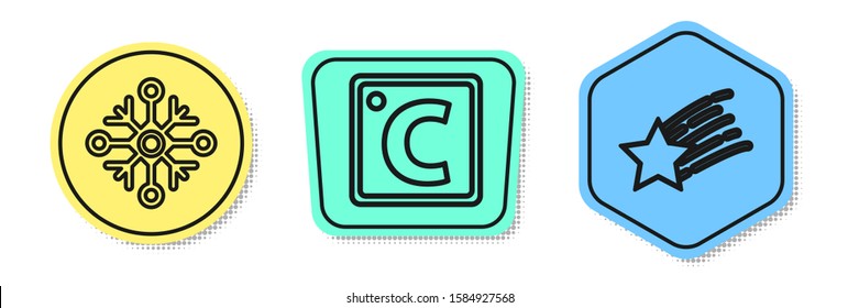 Set line Snowflake, Celsius and Falling star. Colored shapes. Vector