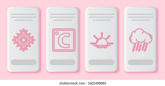 Set line Snowflake, Celsius, Sunrise and Cloud with rain. White rectangle button. Vector